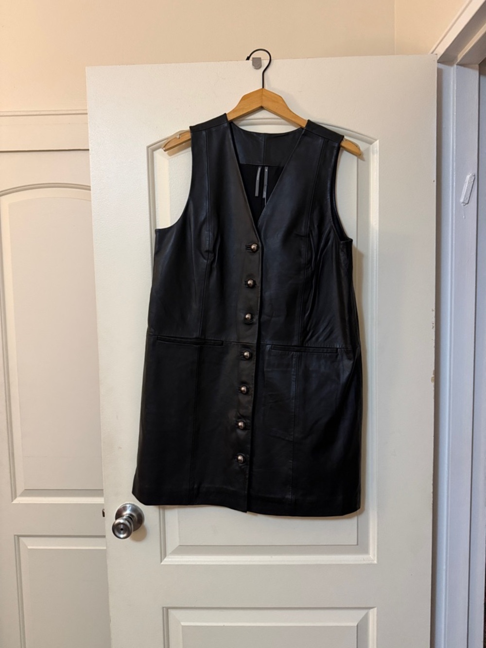 Anthropologie Black Leather Button-Front Mini Dress